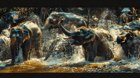 Elephants enjoy a lively splash in a warm river, surrounded by lush greenery under the sun, creating a joyful and vibrant atmosphere.の素材
