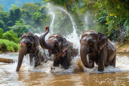 Elephants joyfully spray water as they engage in playful antics in a river surrounded by vibrant greenery.の素材