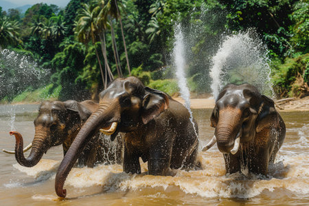 Elephants splash water joyfully in a river, surrounded by dense trees and tropical plants, under a clear blue sky on a warm day.の素材
