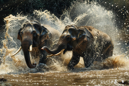 Two elephants splash in a river, creating a joyful scene of water spray under the bright sun in their natural habitat.の素材