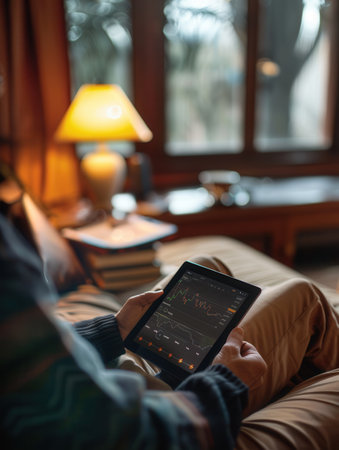 A person studies financial trends on a tablet, sitting comfortably in a warm, inviting living room with soft lighting and books nearby.の素材