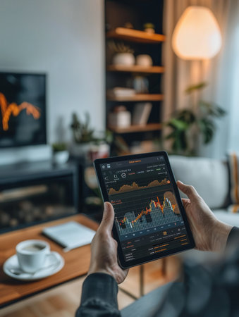 A person checks financial trends on a tablet while relaxing in a comfortable living room with a warm ambiance.の素材