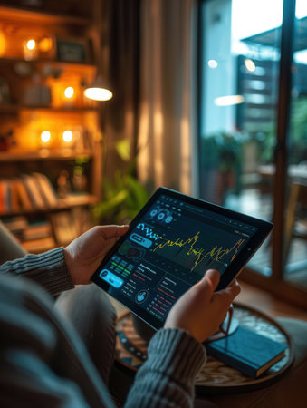 A person closely examines investment data on a tablet while relaxing in a warm, inviting living room illuminated by soft lighting.の素材