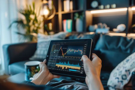 An individual is focused on a tablet, tracking stock market trends and data in a comfortable home setting.の素材
