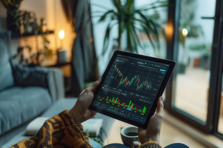 A person examines stock market data on a tablet while relaxing in a comfortable indoor space, surrounded by plants and soft lighting.の素材