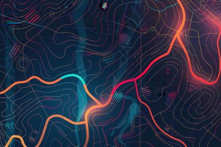 Dynamic routes in vibrant colors overlay a stylized map, emphasizing connectivity and direction for transportation planning and navigation solutions.の素材