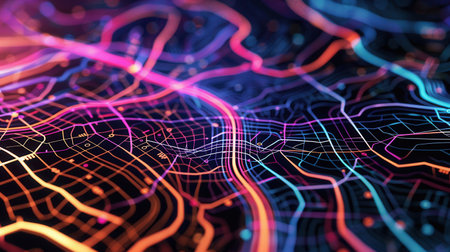 Vibrant lines and routes overlay a stylized map, illustrating dynamic connectivity for transportation and logistics applications.の素材
