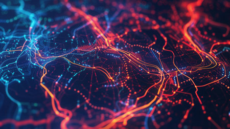 Dynamic colorful routes symbolize connectivity and direction on a stylized map, ideal for logistics and transportation planning applications.の素材