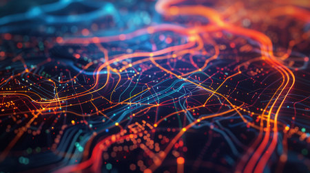 Dynamic routes and colorful lines overlay a stylized map, representing connectivity, ideal for logistics and transportation services.の素材