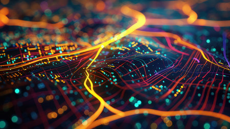 Vivid, abstract lines and colorful routes overlay a stylized map, illustrating connections and movement in urban transportation networks.の素材