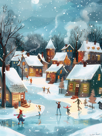 In a picturesque winter village, children skate on a frozen pond while smoke rises from cozy cottages under falling snowflakes.の素材