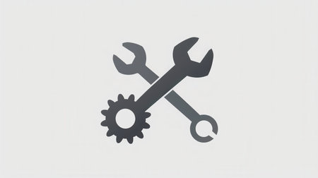 A minimalist logo displays crossed wrenches and gears, symbolizing mechanics and engineering in a sleek, modern design.の素材