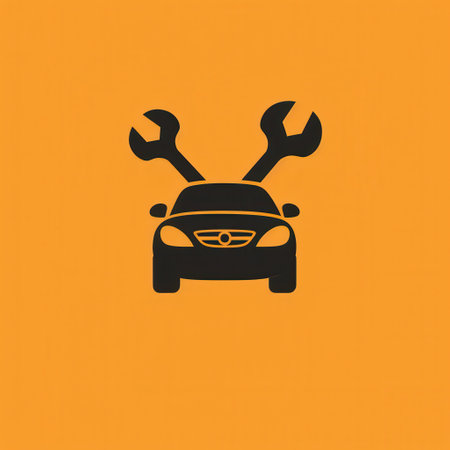 This logo features a car design with two wrenches crossed behind it on a vibrant orange background, symbolizing vehicle repair and maintenance.の素材
