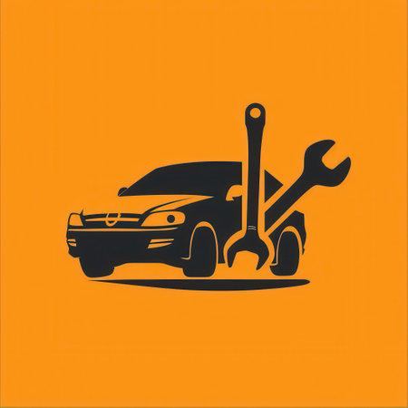 A logo designed for automotive repair services, featuring a car alongside wrenches on an orange backdrop emphasizing maintenance and support.の素材
