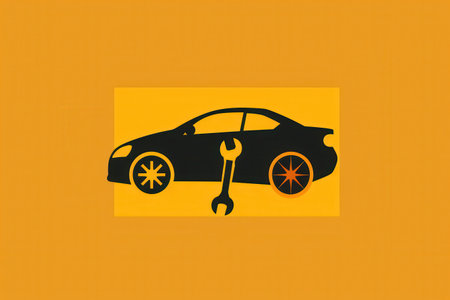 A simple logo illustrates a car and a wrench, emphasizing automotive repair services with a bold yellow backdrop.の素材