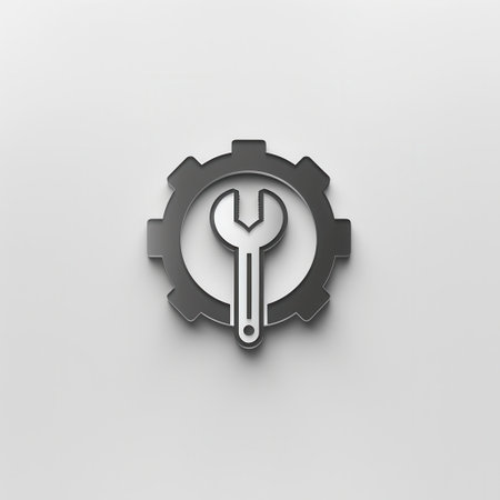 A minimalistic logo showing a gear with a wrench integrated, symbolizing tools and engineering services effectively.の素材