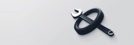 A minimalist logo combines a tire and wrench to represent automotive repair, emphasizing simplicity and functionality in design.の素材