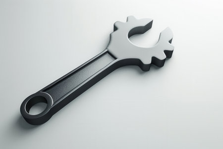 A black metal wrench lays flat on a smooth surface, showing its sturdy design and practical features for mechanical work.の素材