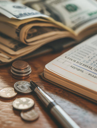 A cash stack, various coins, and an open notebook filled with financial notes and calculations are arranged on a wooden table, showcasing budgeting efforts.の素材