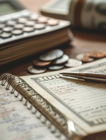 A stack of cash, scattered coins, and an open notebook filled with financial notes and calculations on a wooden workspace.の素材