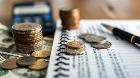A stack of cash, coins, and an open notebook filled with notes and calculations on a table, reflecting a budgeting and financial planning activity.の素材
