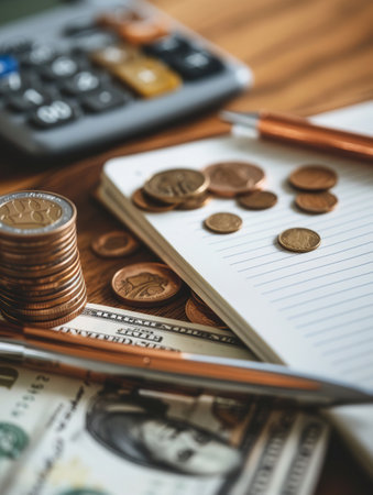 A stack of cash and coins alongside an open notebook filled with financial notes and calculations, all placed on a wooden table.の素材