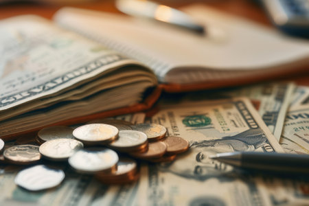 Cash and coins are stacked beside an open notebook filled with notes and calculations during a focused financial planning activity.の素材