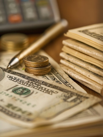 A notebook filled with notes and calculations sits next to a stack of cash and coins, illustrating a focus on finance and budgeting.の素材