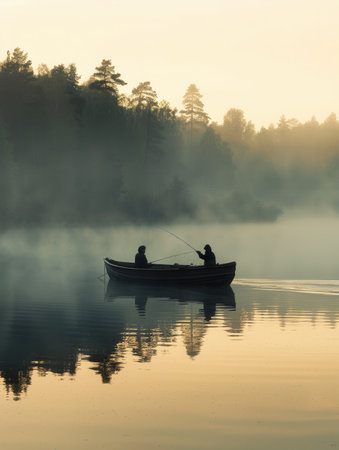 Two people fish from a small boat on a tranquil, foggy lake as dawn breaks and reflections shimmer on the water's surface.の素材