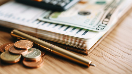 A stack of cash and coins rests beside a notebook filled with financial notes and calculations, alongside a pen and a calculator.の素材