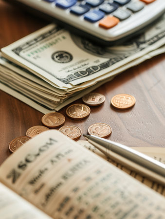 A stack of cash, scattered coins, and an open notebook filled with financial notes and calculations on a wooden surface.の素材