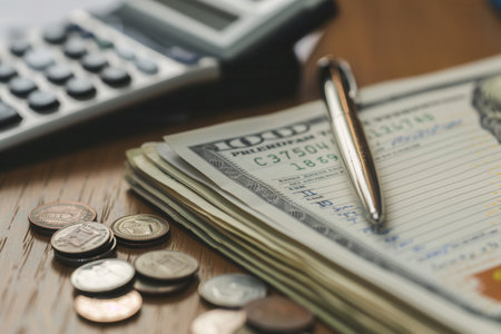 A stack of cash and coins sits beside a notebook filled with notes, calculations, and a calculator in a calm work environment.の素材
