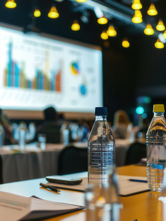 A professional speaker leads a financial seminar, engaging an audience in a modern conference room, with graphics projected on a large screen.の素材