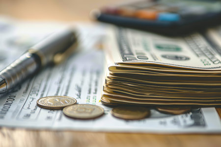 A stack of cash and coins beside an open notebook filled with financial notes and calculations in a warm, inviting workspace.の素材