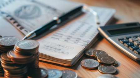 A stack of cash and coins sit beside an open notebook filled with calculations and a calculator in a home office setting.の素材