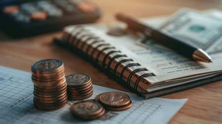 A stack of cash and coins rests next to an open notebook full of notes, calculations, and a pen, all set on a wooden table.の素材