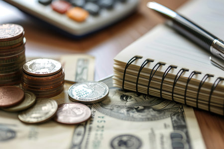 A stack of cash and coins rests next to an open notebook filled with financial notes, accompanied by a calculator on a wooden surface.の素材