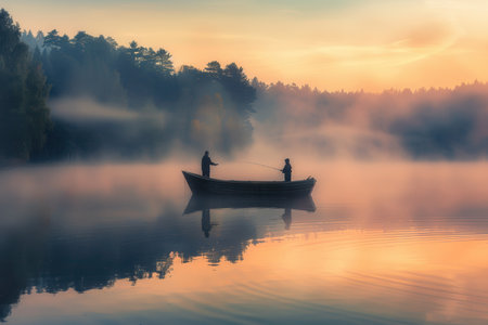 Fishermen enjoy a peaceful morning on a serene lake, surrounded by mist and colorful reflections as the sun rises.の素材