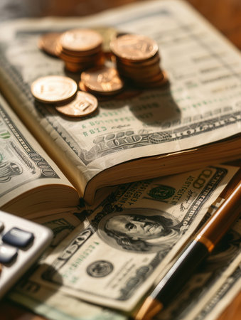 A stack of cash and coins sits beside an open notebook filled with notes and calculations on a wooden table during afternoon light.の素材