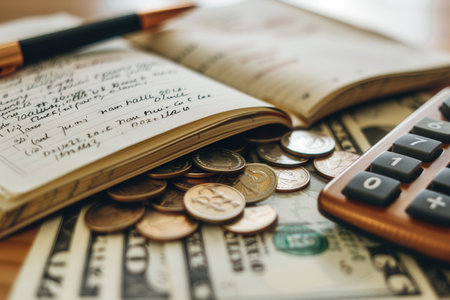 A stack of cash and coins beside an open notebook filled with notes and calculations, with a calculator nearby, indicating financial planning.の素材