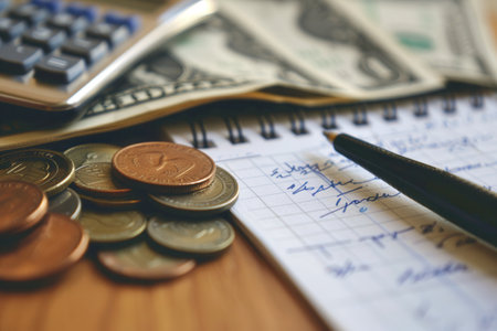 A notebook with notes and calculations sits next to a stack of cash and coins, capturing the essence of personal finance management.の素材