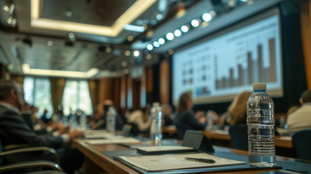 A group of attendees listens attentively while a presenter discusses financial strategies in a contemporary conference room filled with visuals.の素材
