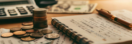 A stack of cash, coins, and an open notebook with calculations and notes on a wooden desk suggest active personal finance management.の素材
