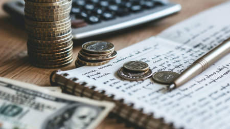 A stack of cash, coins, and an open notebook with notes and calculations create a focused workspace for financial planning.の素材