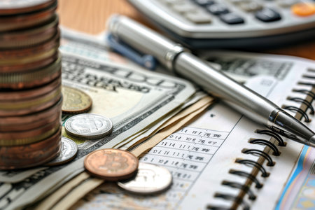 A stack of cash and coins sit next to an open notebook filled with financial notes and calculations alongside a calculator and pen.の素材
