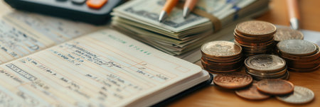 A stack of cash and coins accompany an open notebook filled with financial notes and calculations in a tidy workspace.の素材