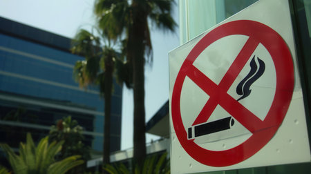 A prominent no smoking sign is displayed near a modern building surrounded by palm trees on a sunny day.の素材