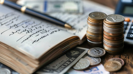 A stack of cash alongside coins and a notebook filled with notes and calculations shows a financial planning process in progress.の素材