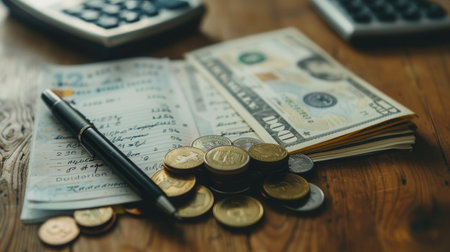 A stack of cash and coins alongside a notebook filled with financial notes and calculations on a wooden table in a quiet workspace.の素材