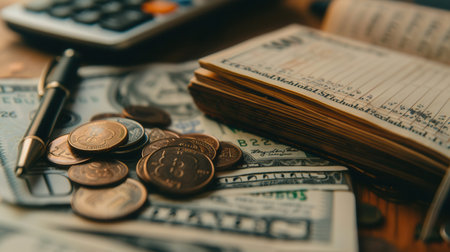 A stack of cash and coins accompany an open notebook filled with financial notes and calculations, reflecting a budgeting or planning session.の素材